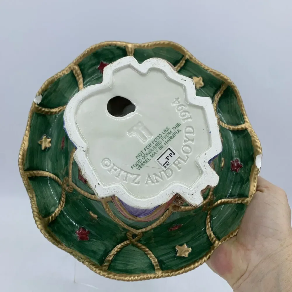 Vtg 1994 Fitz And Floyd‎ Santa’s List Footed Hand Painted Bowl Christmas Gifts